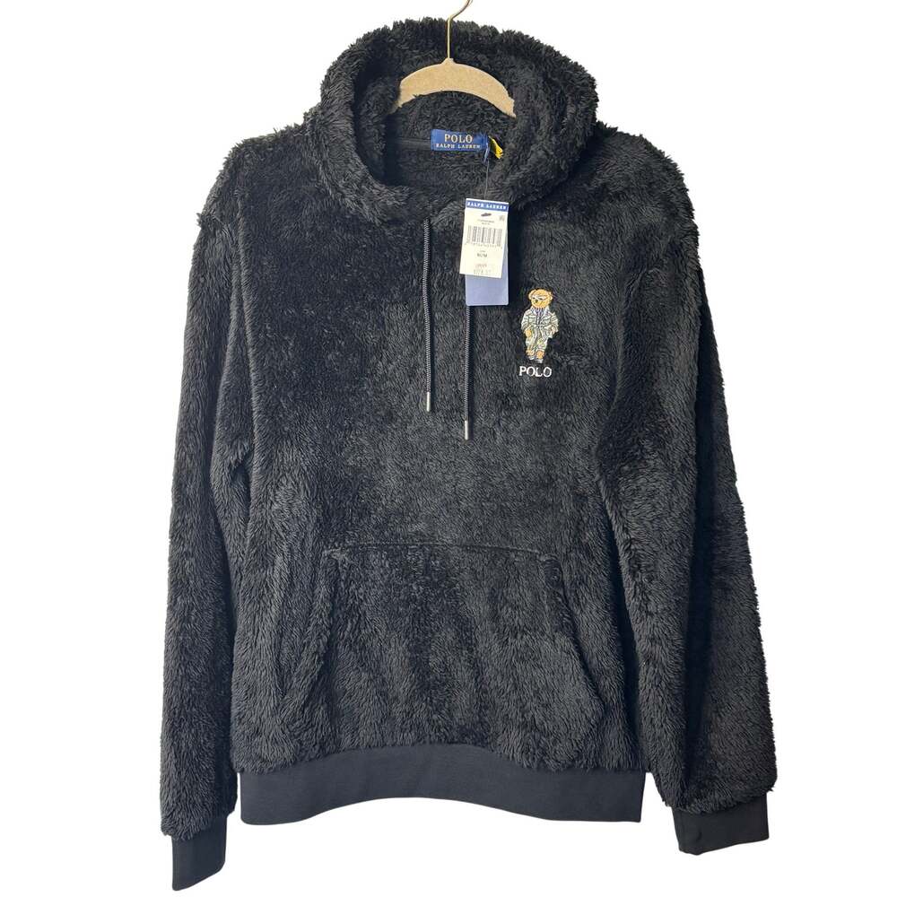 NWT Polo Ralph Lauren Black Sherpa Fleece Polo Bear Hoodie Sweatshirt M/M